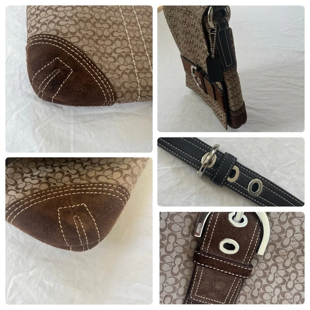 Y2K Coach monogram canvas suede buckle cross body bag brown tan G050-3644